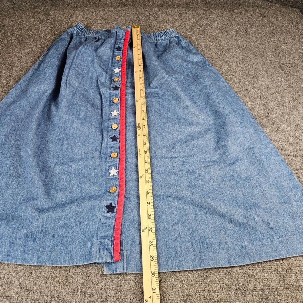 Vintage Eagles Eye Denim Midi Skirt L Blue Cotton Star Button Front Red‎ Trim